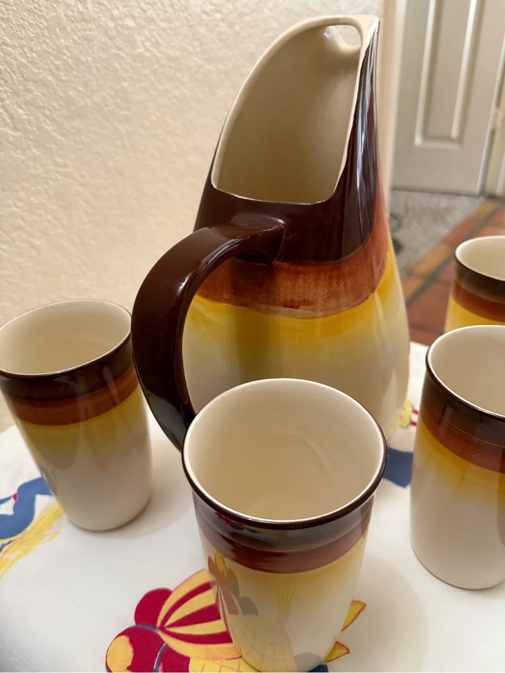 Retro Ceramic Pitcher and 5 Tumblers - Brown, Amber & Cream